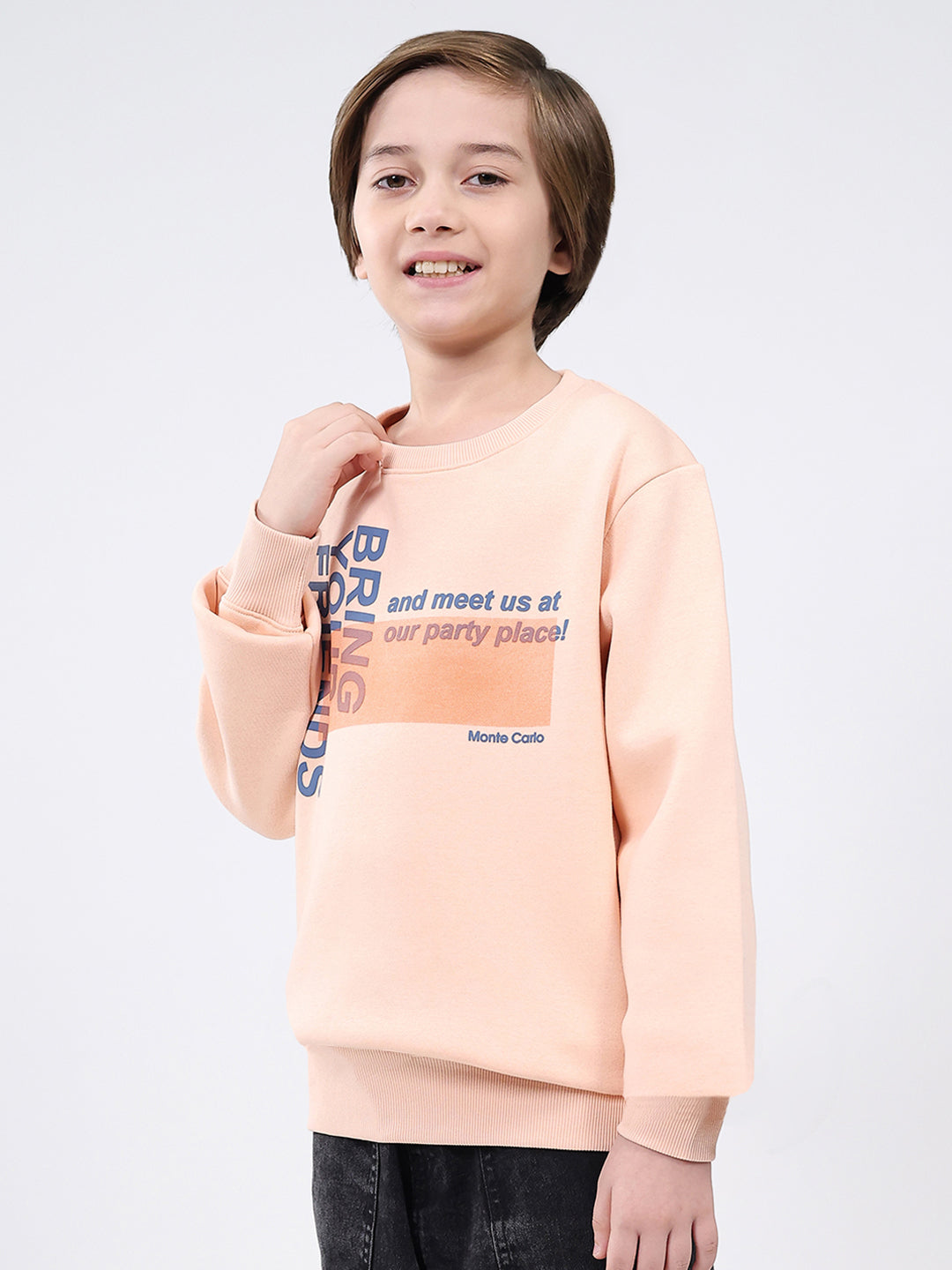 Boys Peach Printed Round Neck Full Sleeve Sweatshirt