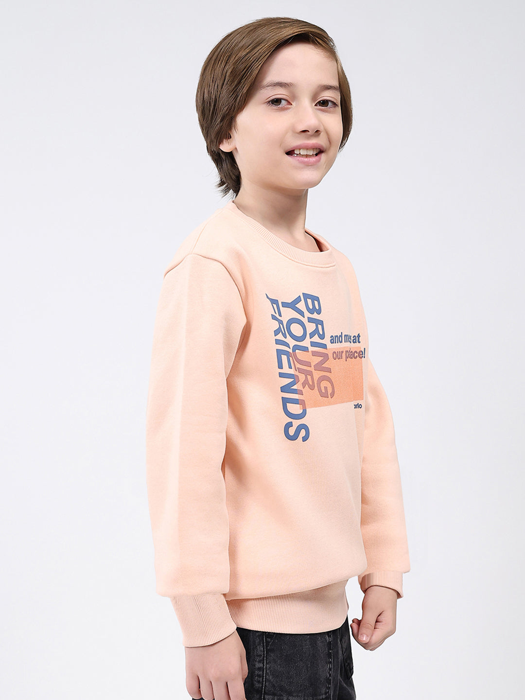 Boys Peach Printed Round Neck Full Sleeve Sweatshirt