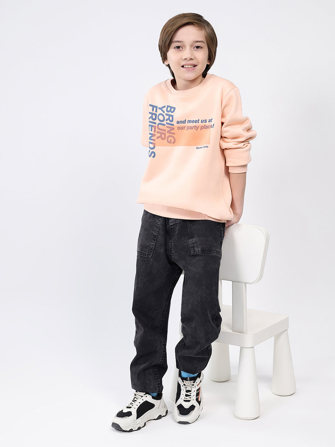 Boys Peach Printed Round Neck Full Sleeve Sweatshirt