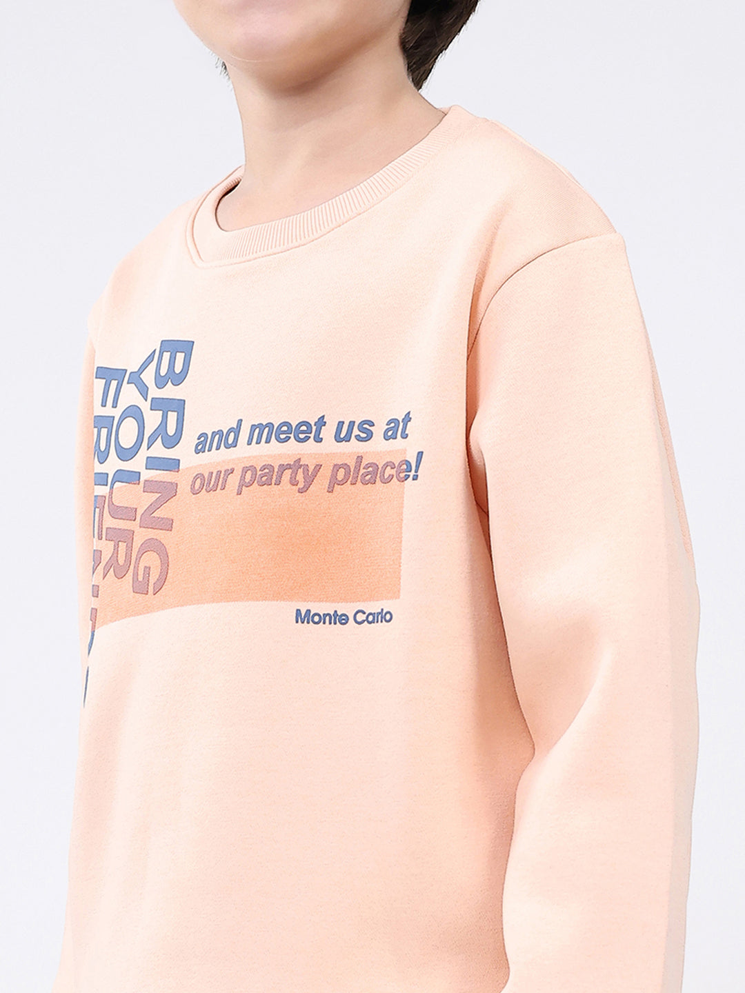 Boys Peach Printed Round Neck Full Sleeve Sweatshirt