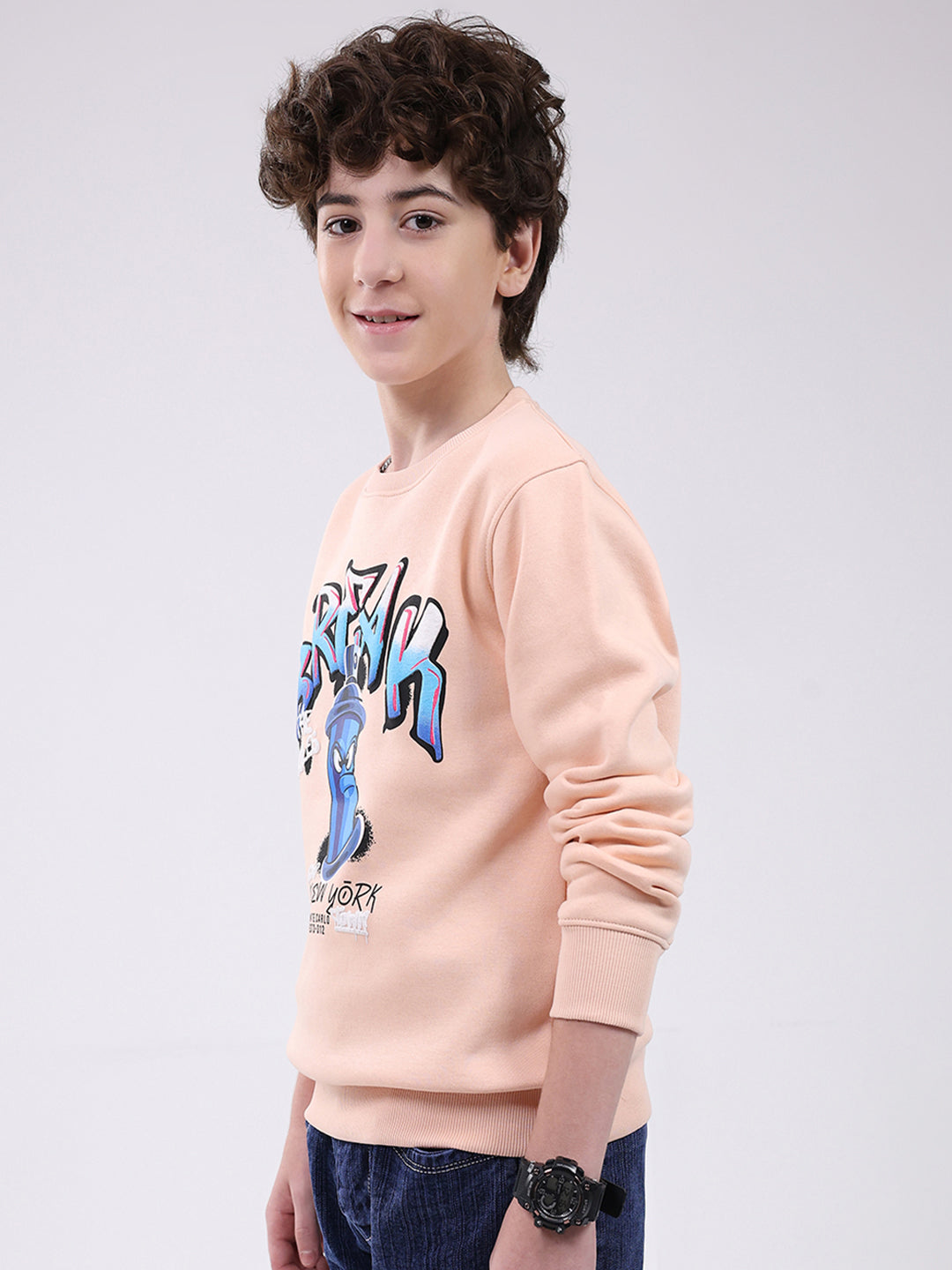 Boys Peach Printed Round Neck Full Sleeve Sweatshirt