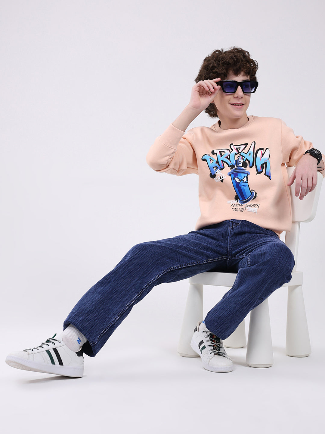 Boys Peach Printed Round Neck Full Sleeve Sweatshirt