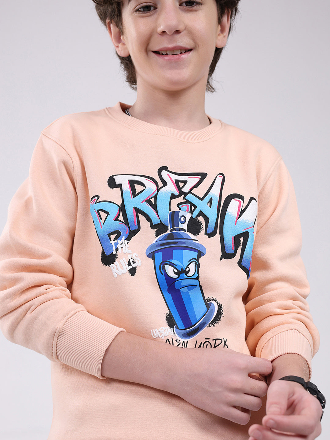 Boys Peach Printed Round Neck Full Sleeve Sweatshirt
