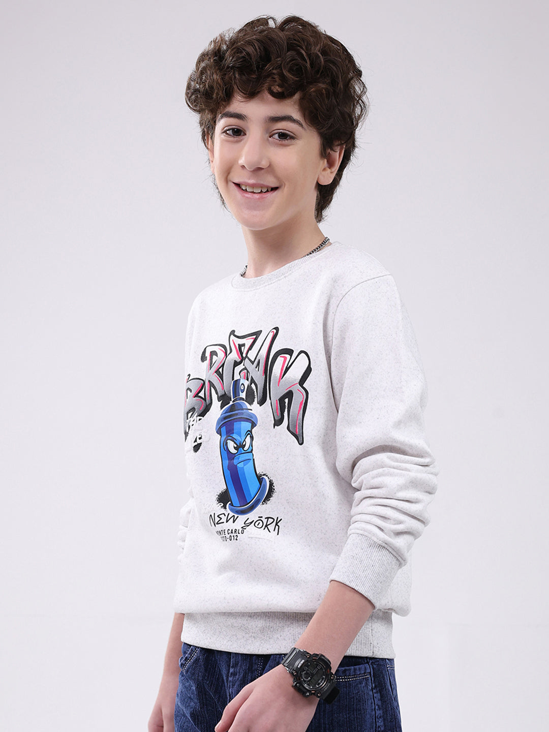 Boys Grey Printed Round Neck Full Sleeve Sweatshirt