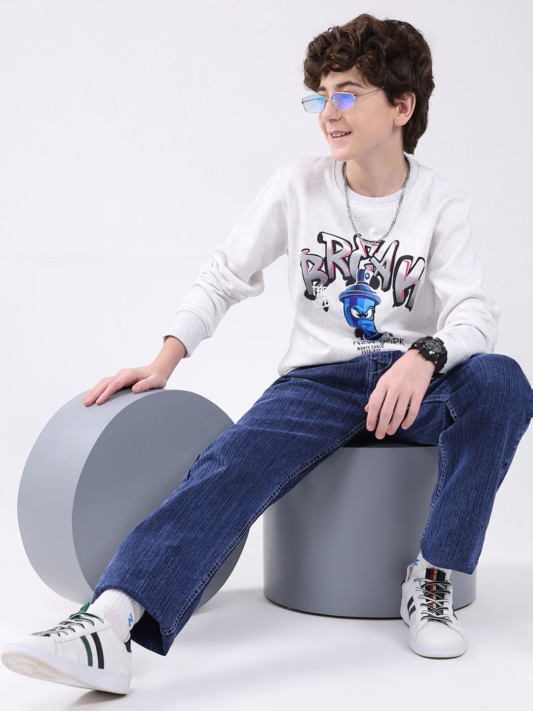 Boys Grey Printed Round Neck Full Sleeve Sweatshirt
