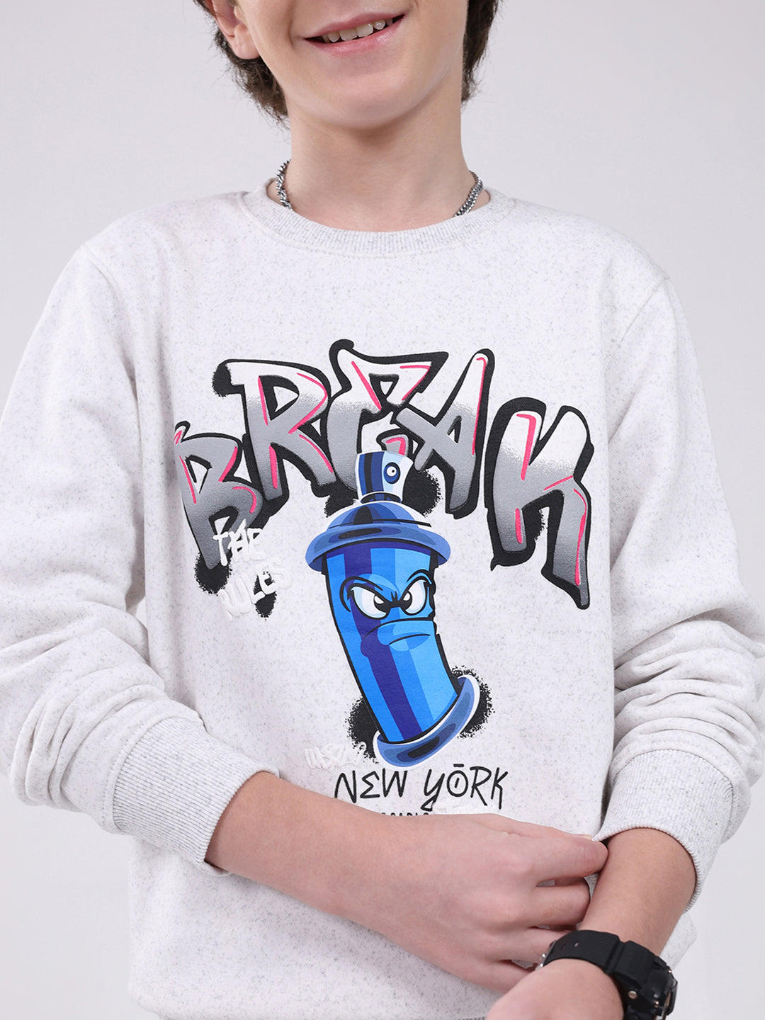 Boys Grey Printed Round Neck Full Sleeve Sweatshirt