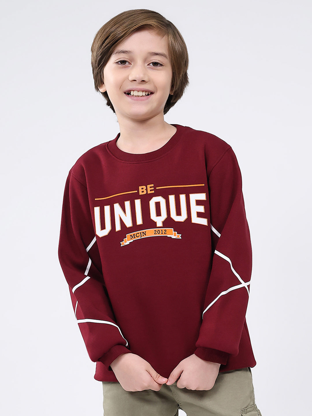Boys Maroon Printed Round Neck Full Sleeve Sweatshirt
