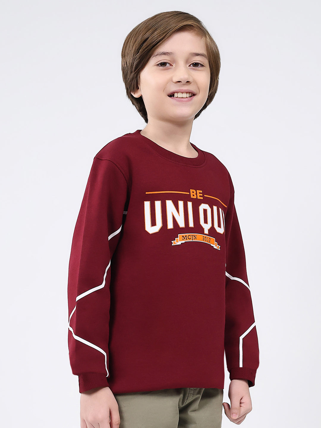 Boys Maroon Printed Round Neck Full Sleeve Sweatshirt
