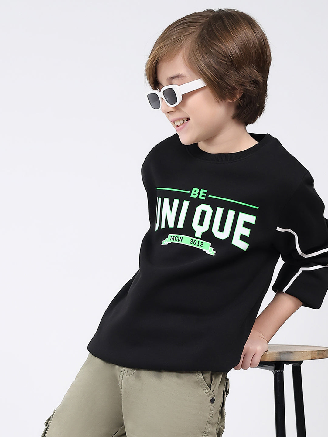 Boys Black Printed Round Neck Full Sleeve Sweatshirt