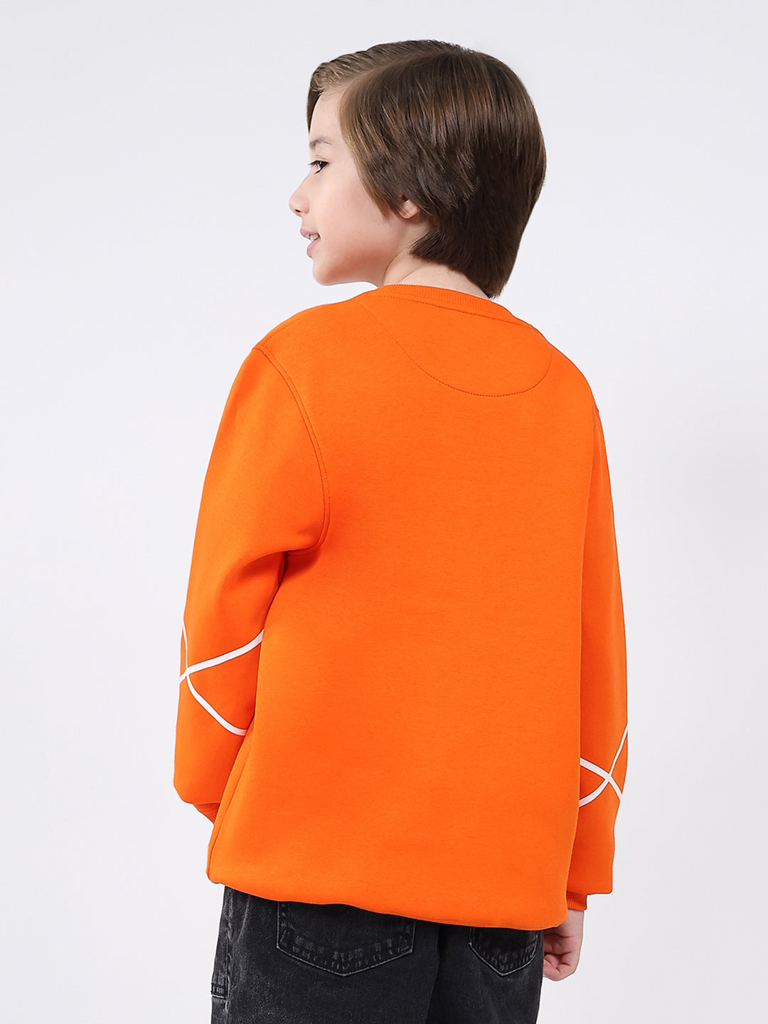 Boys Orange Printed Round Neck Full Sleeve Sweatshirt