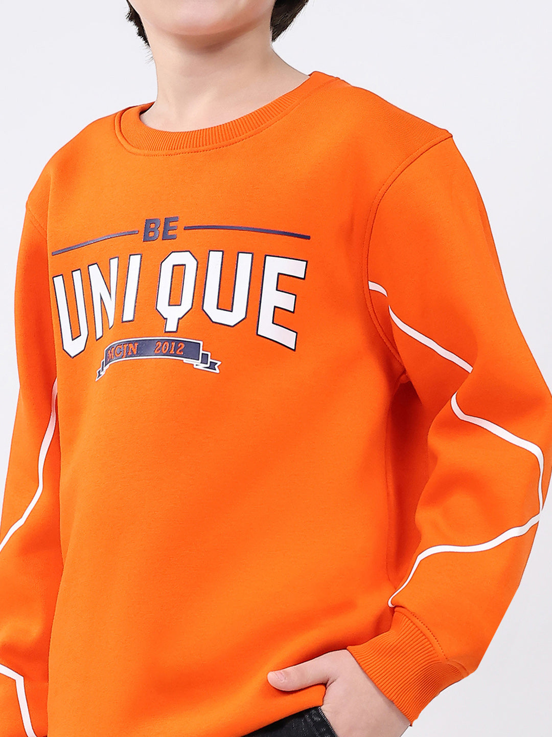 Boys Orange Printed Round Neck Full Sleeve Sweatshirt