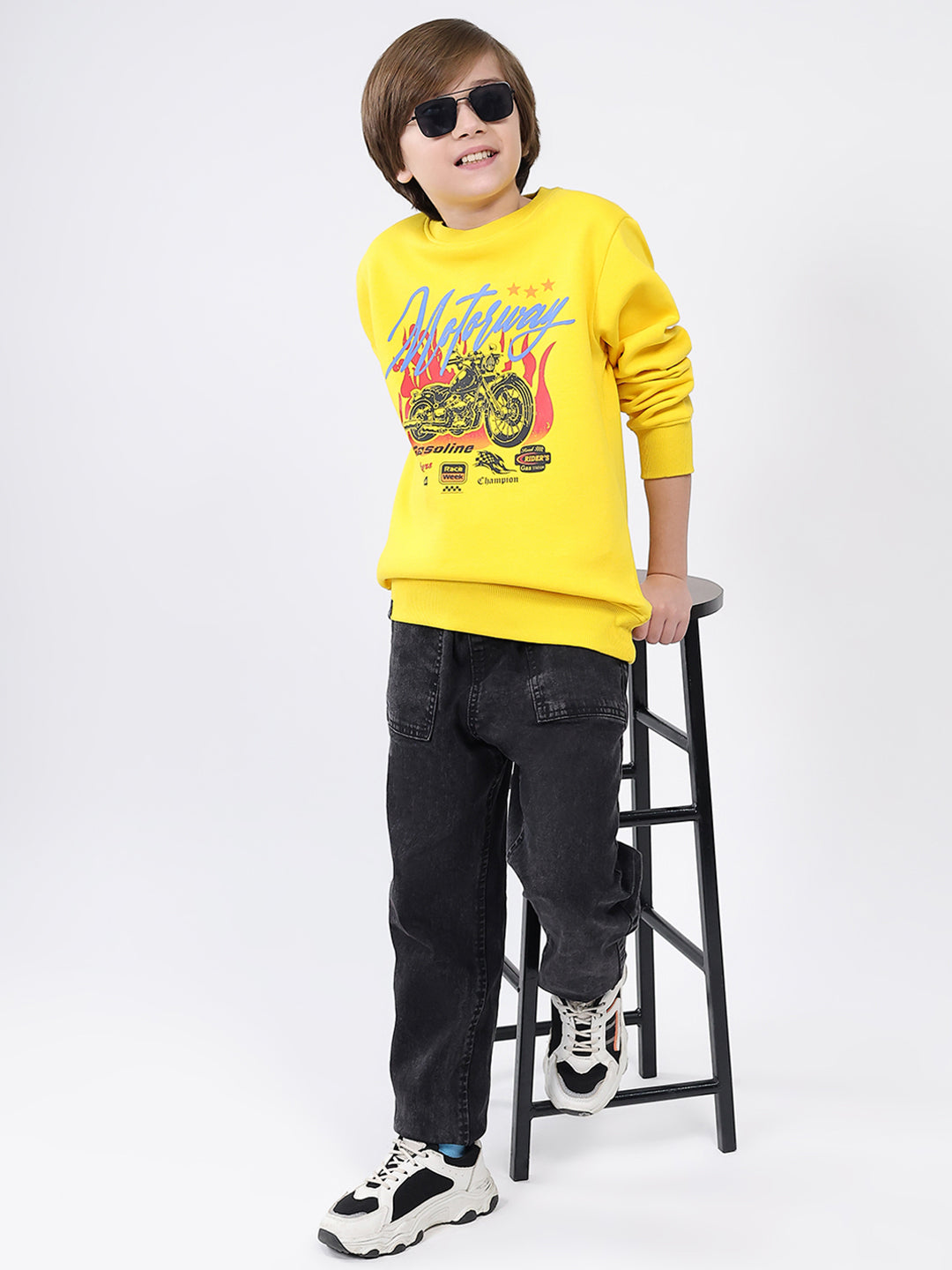 Boys Yellow Printed Round Neck Full Sleeve Sweatshirt