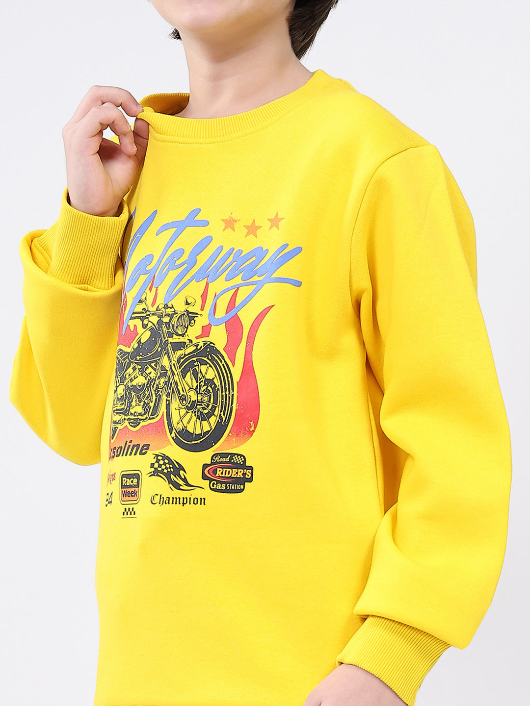 Boys Yellow Printed Round Neck Full Sleeve Sweatshirt