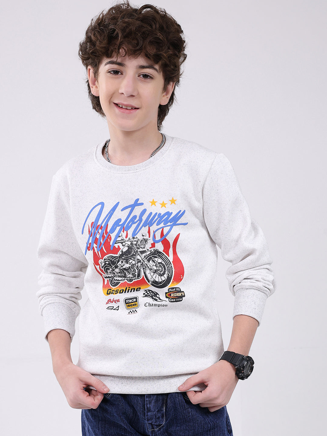 Boys Grey Printed Round Neck Full Sleeve Sweatshirt