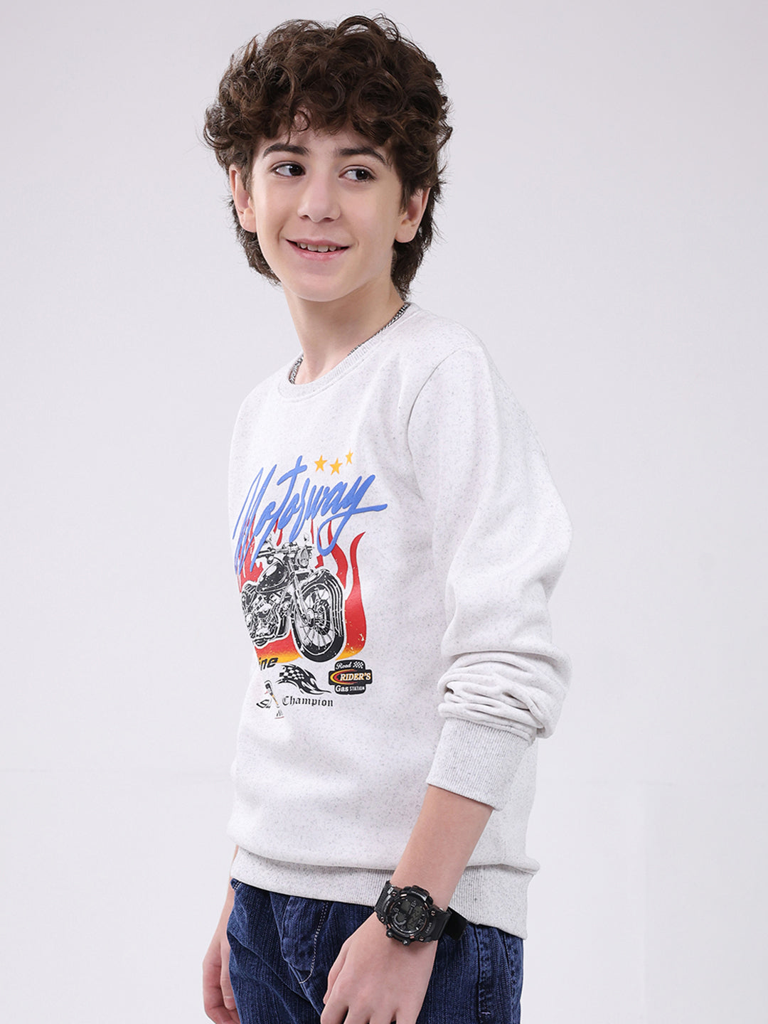 Boys Grey Printed Round Neck Full Sleeve Sweatshirt