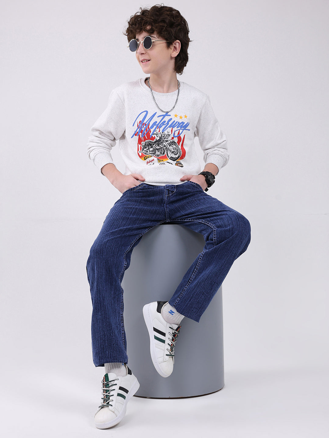 Boys Grey Printed Round Neck Full Sleeve Sweatshirt