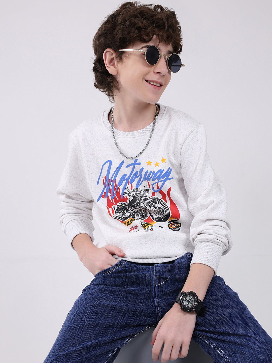 Boys Grey Printed Round Neck Full Sleeve Sweatshirt