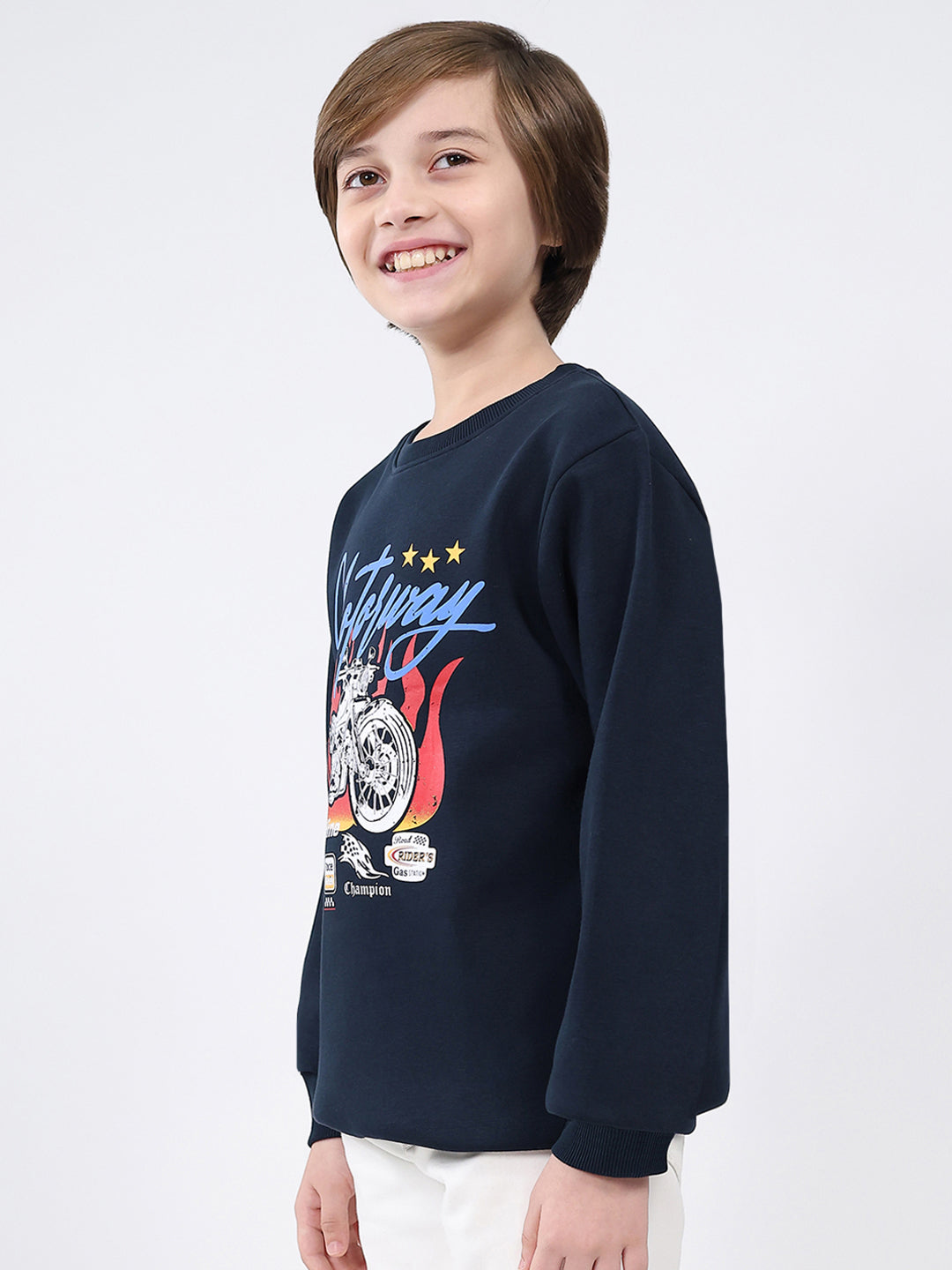 Boys Navy Blue Printed Round Neck Full Sleeve Sweatshirt