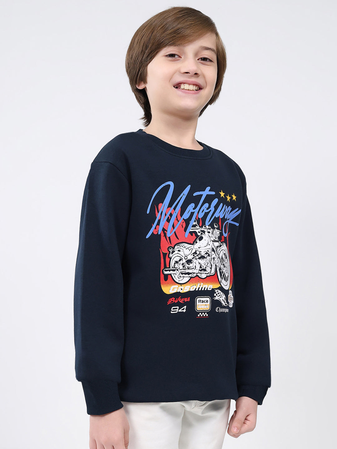 Boys Navy Blue Printed Round Neck Full Sleeve Sweatshirt
