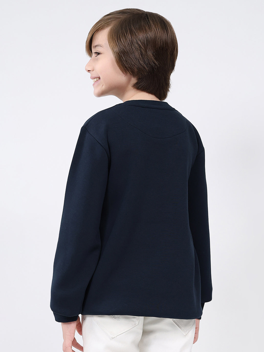 Boys Navy Blue Printed Round Neck Full Sleeve Sweatshirt