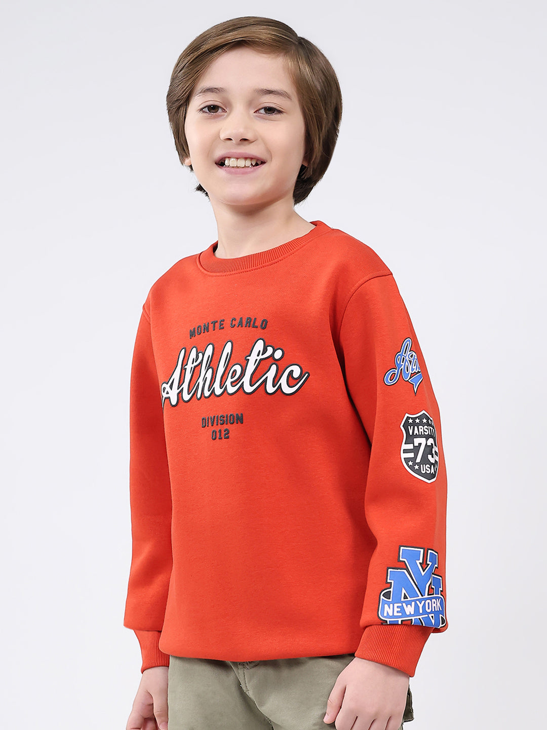Boys Rust Printed Round Neck Full Sleeve Sweatshirt