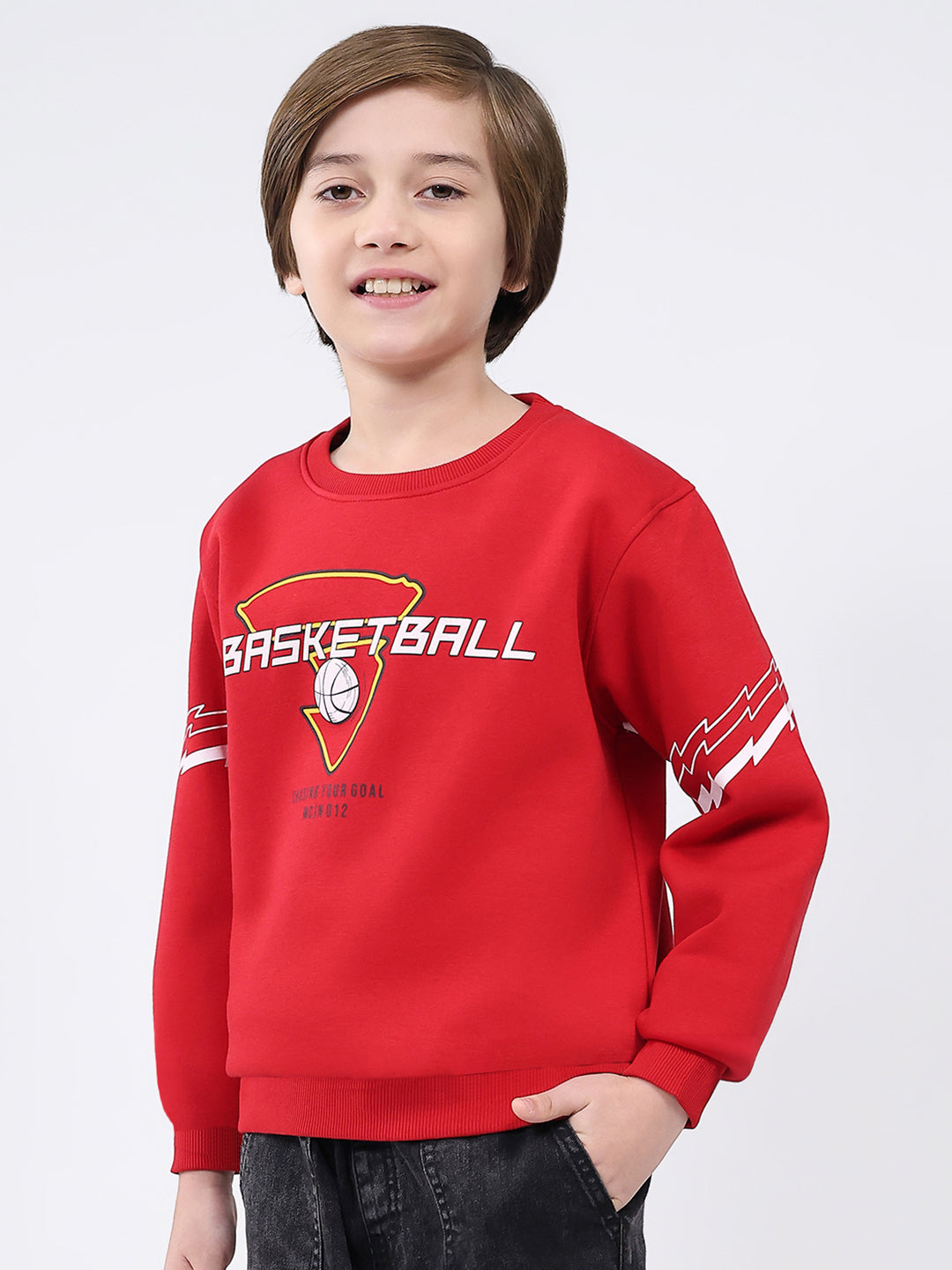 Boys Red Printed Round Neck Full Sleeve Sweatshirt