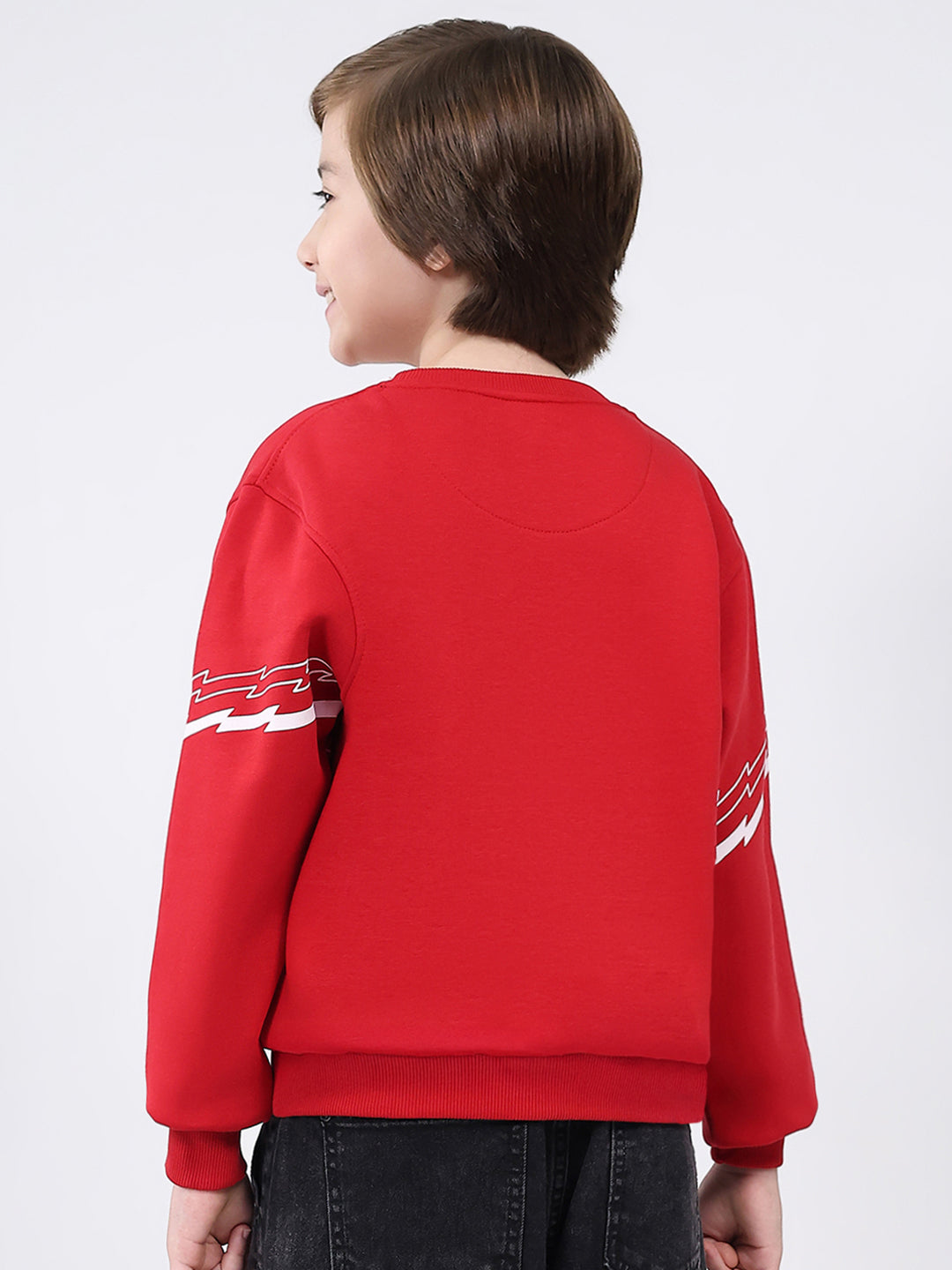 Boys Red Printed Round Neck Full Sleeve Sweatshirt