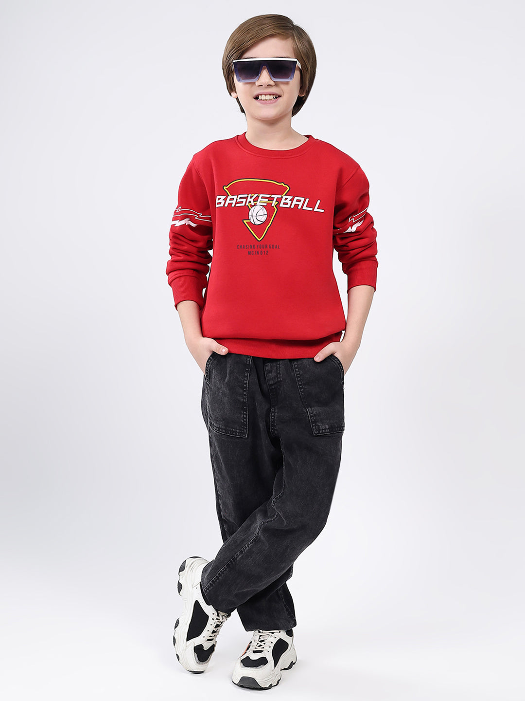 Boys Red Printed Round Neck Full Sleeve Sweatshirt
