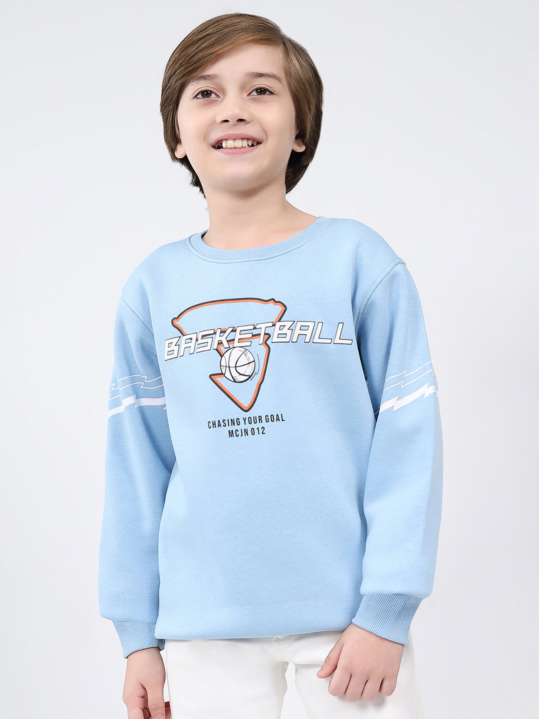 Boys Sky Blue Printed Round Neck Full Sleeve Sweatshirt