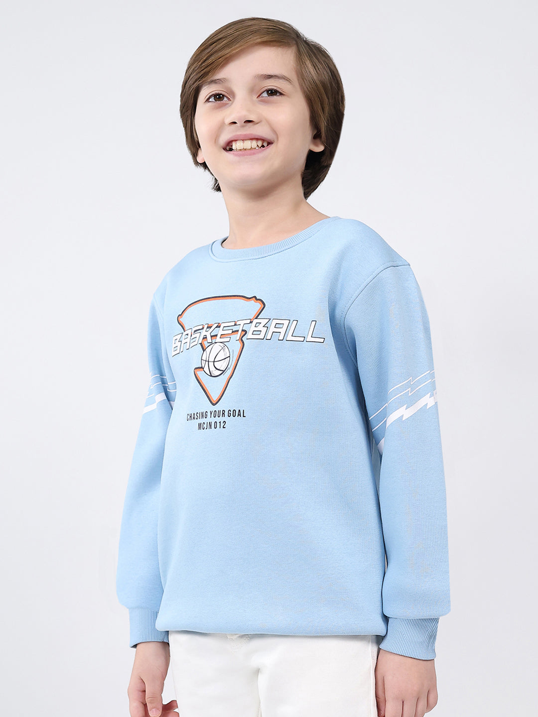 Boys Sky Blue Printed Round Neck Full Sleeve Sweatshirt