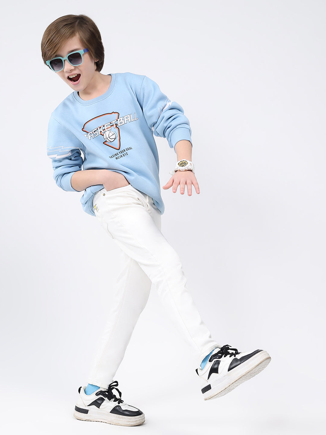 Boys Sky Blue Printed Round Neck Full Sleeve Sweatshirt