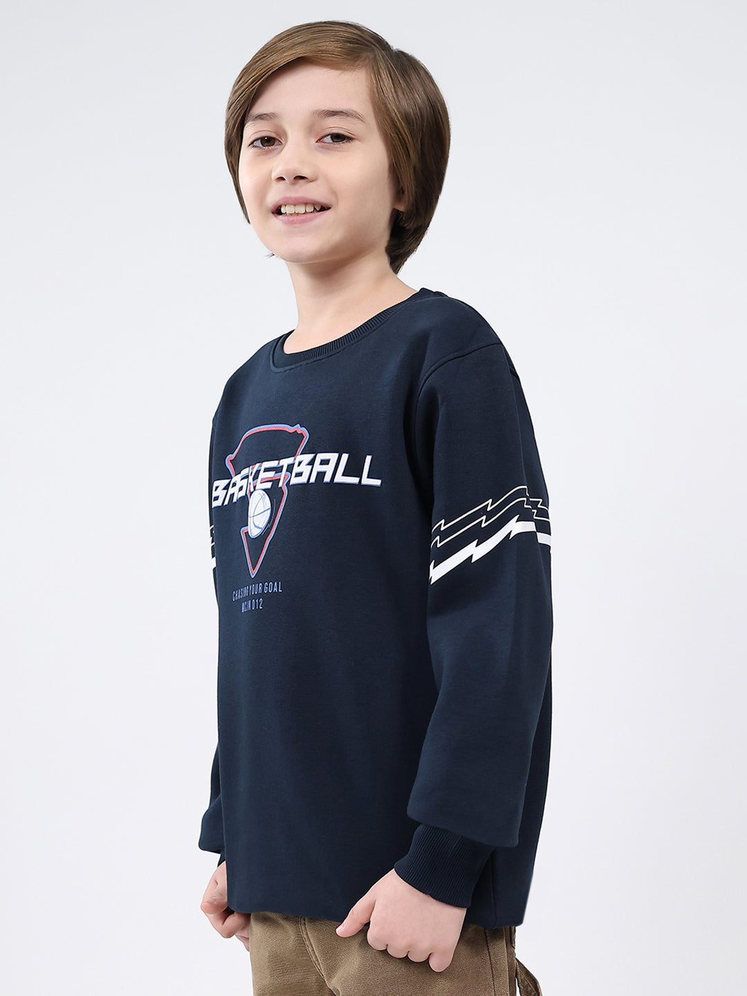 Boys Navy Blue Printed Round Neck Full Sleeve Sweatshirt