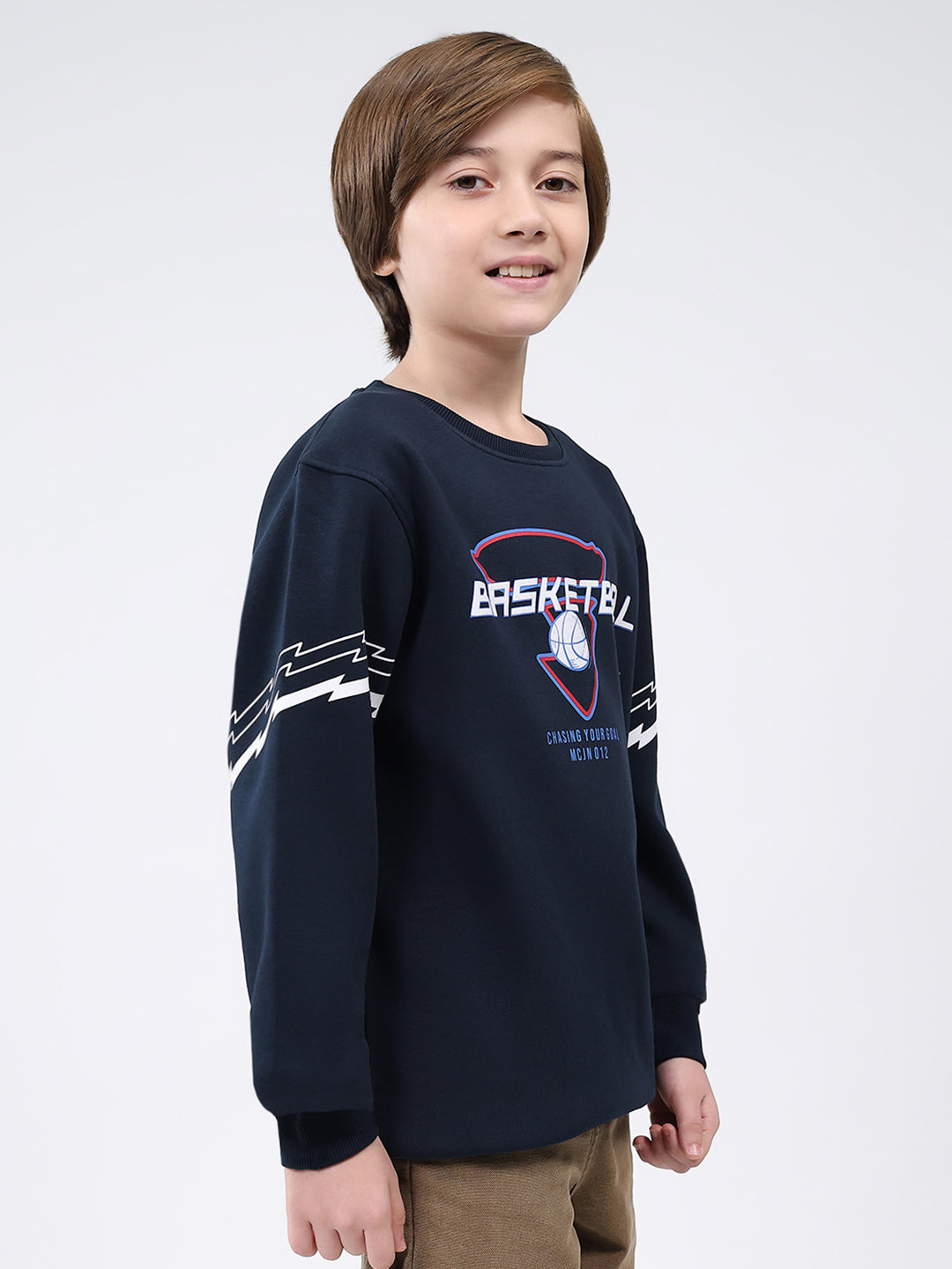 Boys Navy Blue Printed Round Neck Full Sleeve Sweatshirt