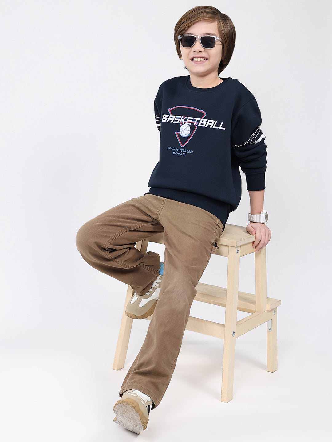 Boys Navy Blue Printed Round Neck Full Sleeve Sweatshirt