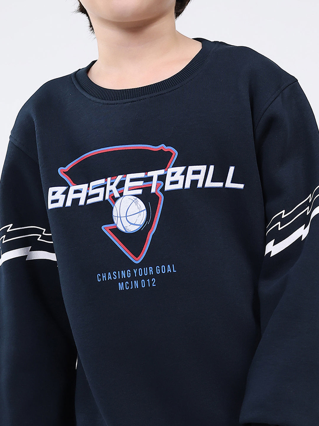 Boys Navy Blue Printed Round Neck Full Sleeve Sweatshirt