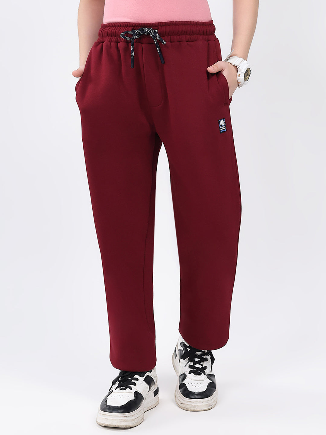 Boys Maroon Solid Regular Fit Lower