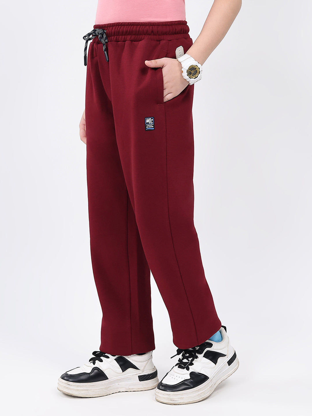 Boys Maroon Solid Regular Fit Lower