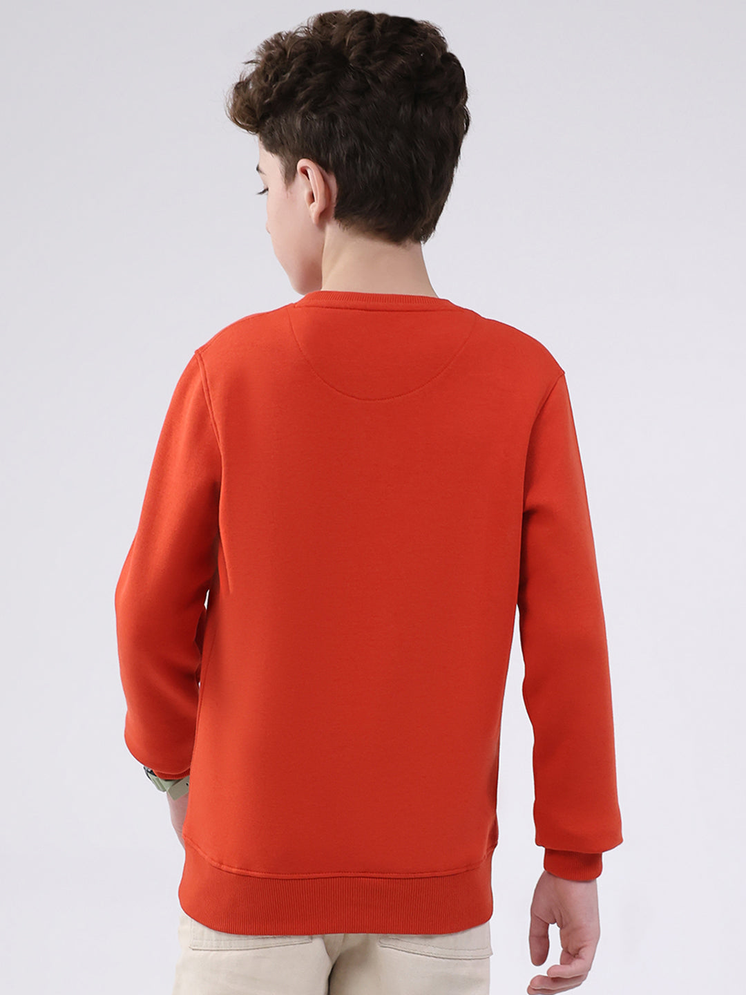 Boys Orange Printed Round Neck Full Sleeve Sweatshirt