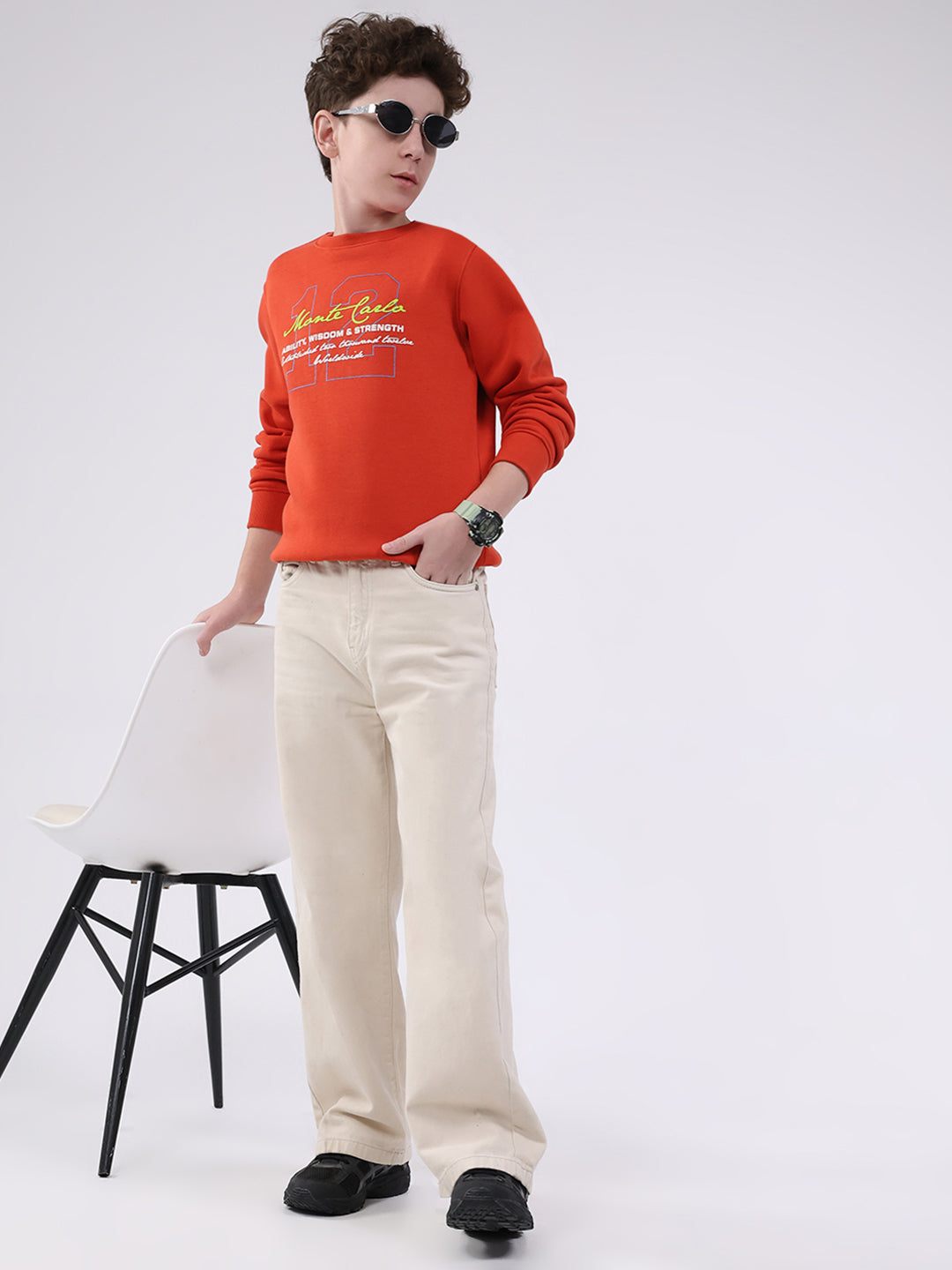 Boys Orange Printed Round Neck Full Sleeve Sweatshirt