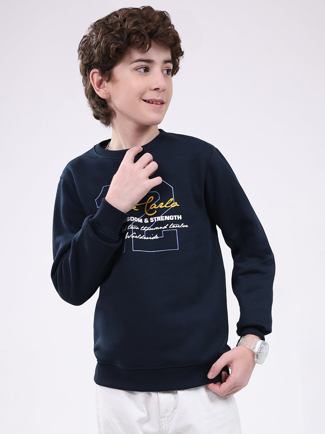 Boys Navy Blue Printed Round Neck Full Sleeve Sweatshirt