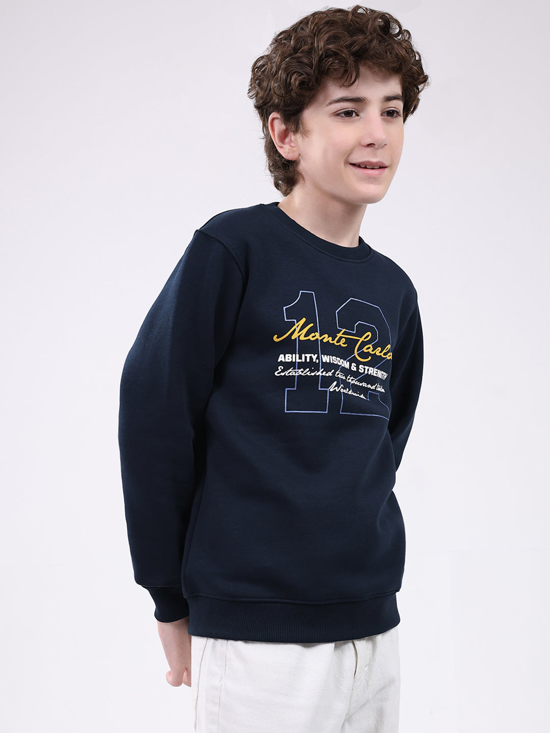 Boys Navy Blue Printed Round Neck Full Sleeve Sweatshirt