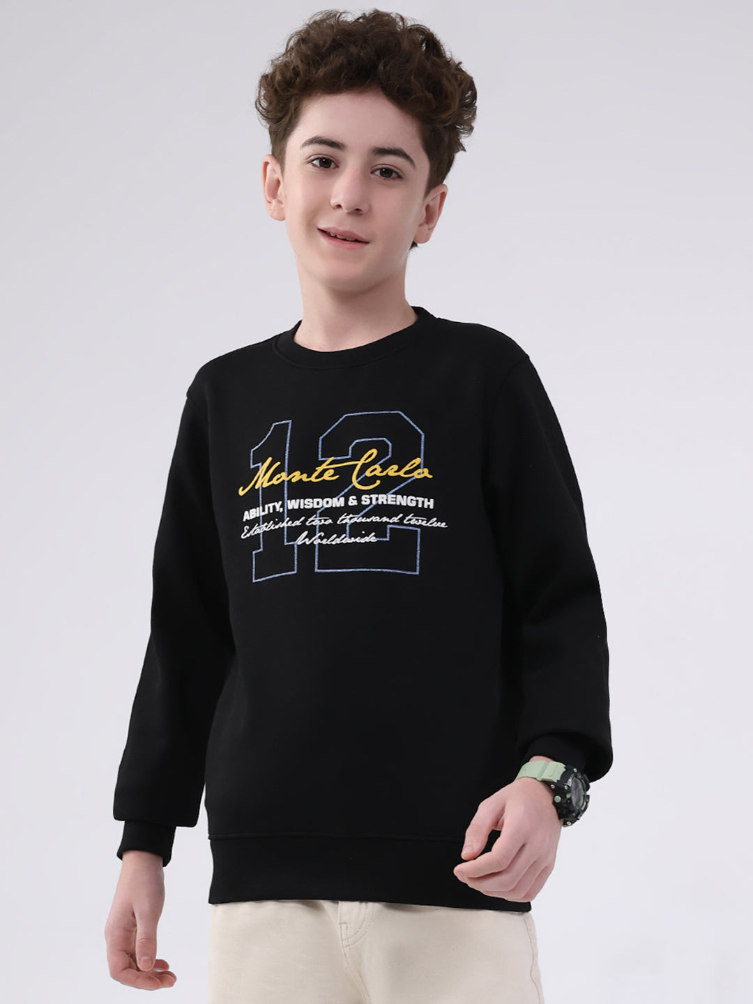 Boys Black Printed Round Neck Full Sleeve Sweatshirt
