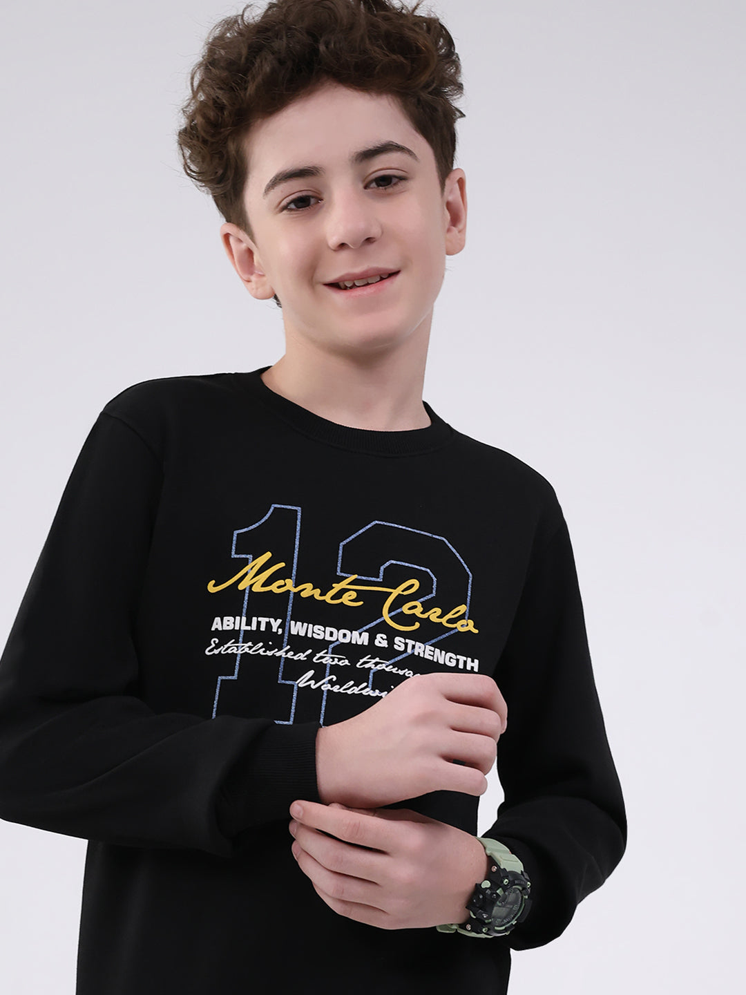 Boys Black Printed Round Neck Full Sleeve Sweatshirt