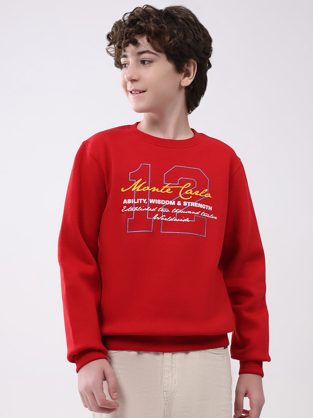 Boys Red Printed Round Neck Full Sleeve Sweatshirt