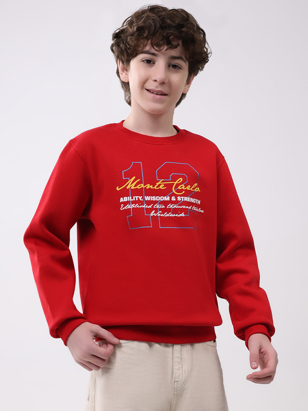 Boys Red Printed Round Neck Full Sleeve Sweatshirt