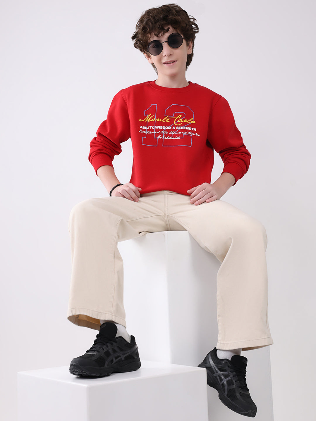 Boys Red Printed Round Neck Full Sleeve Sweatshirt