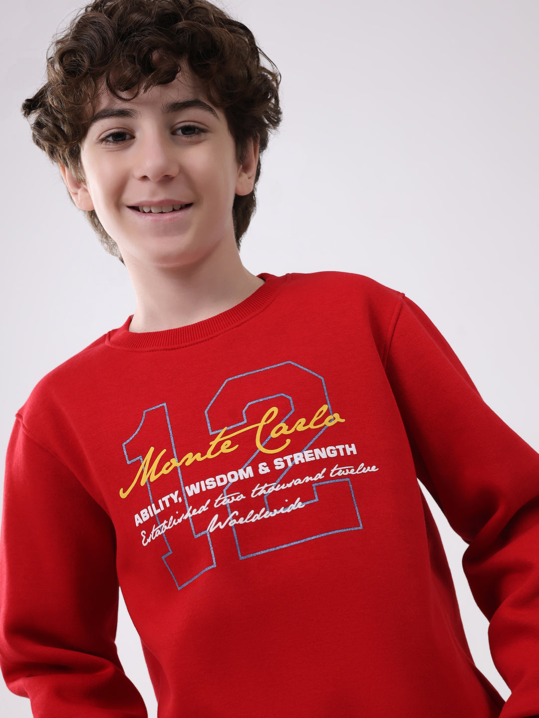 Boys Red Printed Round Neck Full Sleeve Sweatshirt