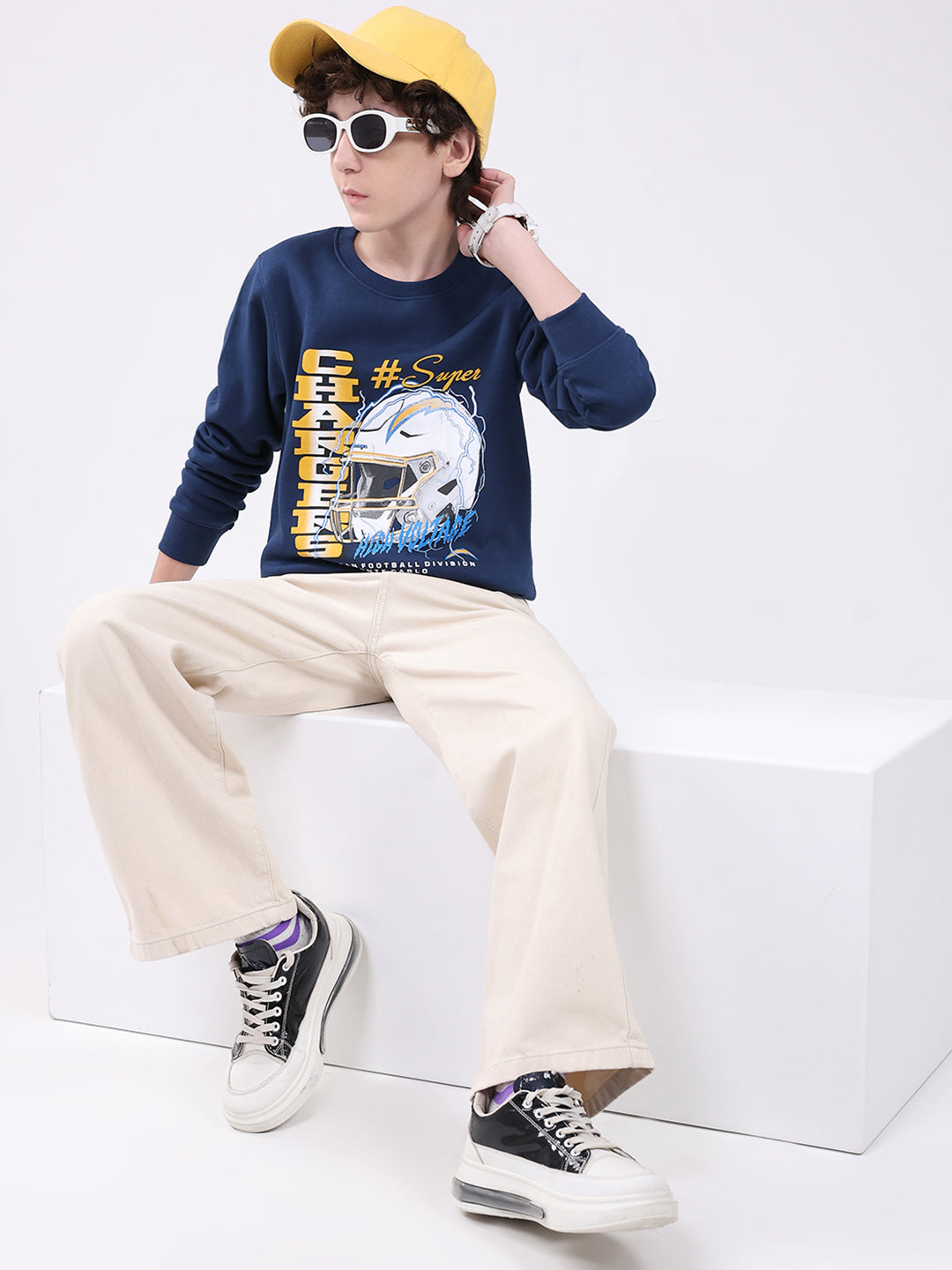 Boys Blue Printed Round Neck Full Sleeve Sweatshirt