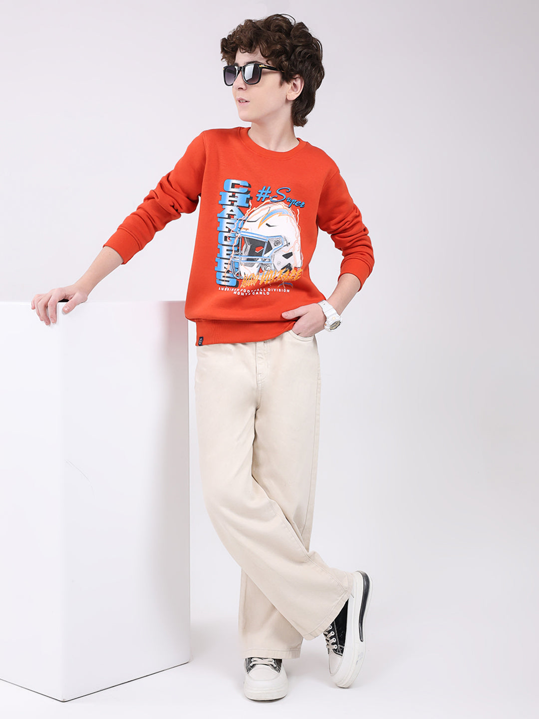 Boys Orange Printed Round Neck Full Sleeve Sweatshirt