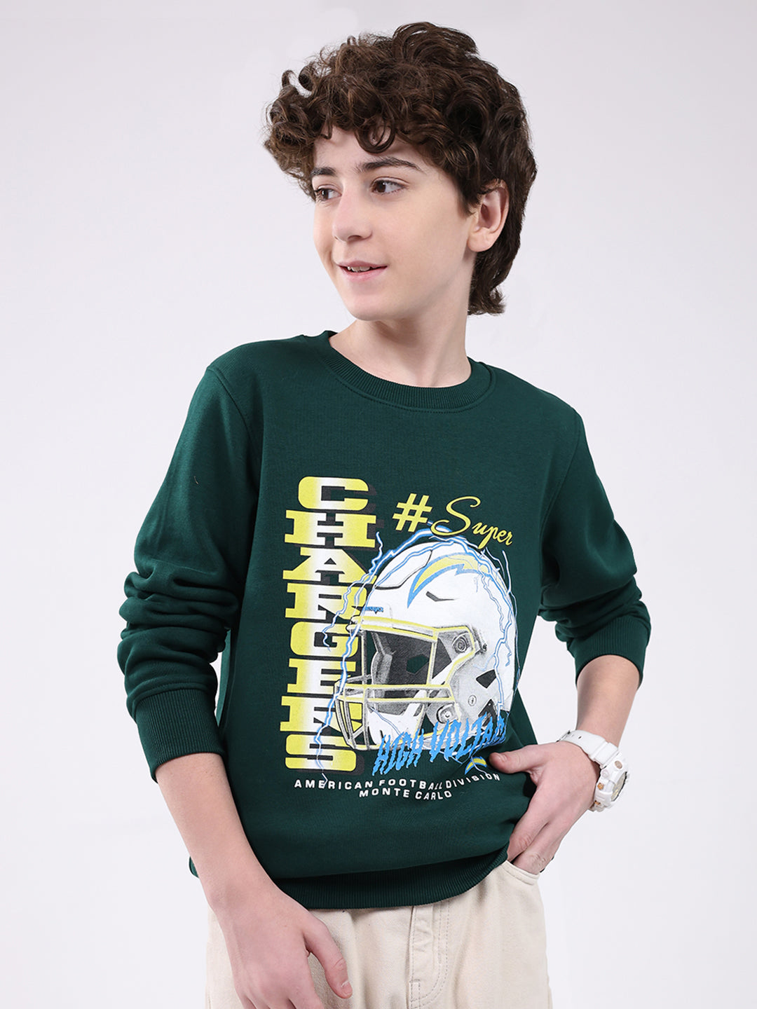 Boys Green Printed Round Neck Full Sleeve Sweatshirt